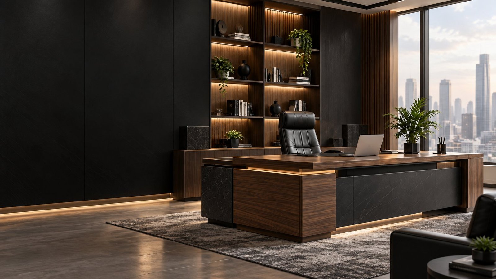 Executive office design inspiration with a walnut desk, charcoal walls and warm shelving