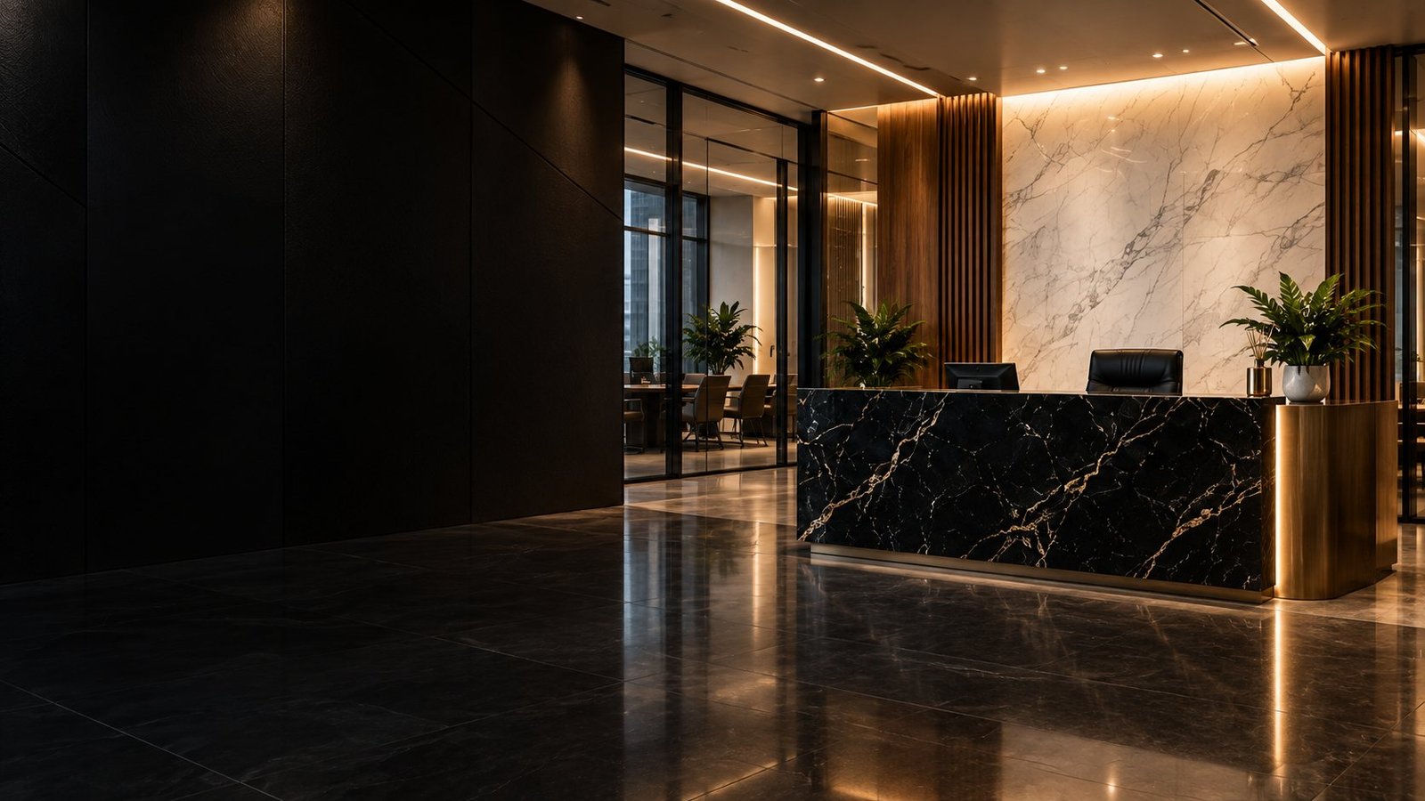 Reception interior design inspiration with black marble and warm lighting