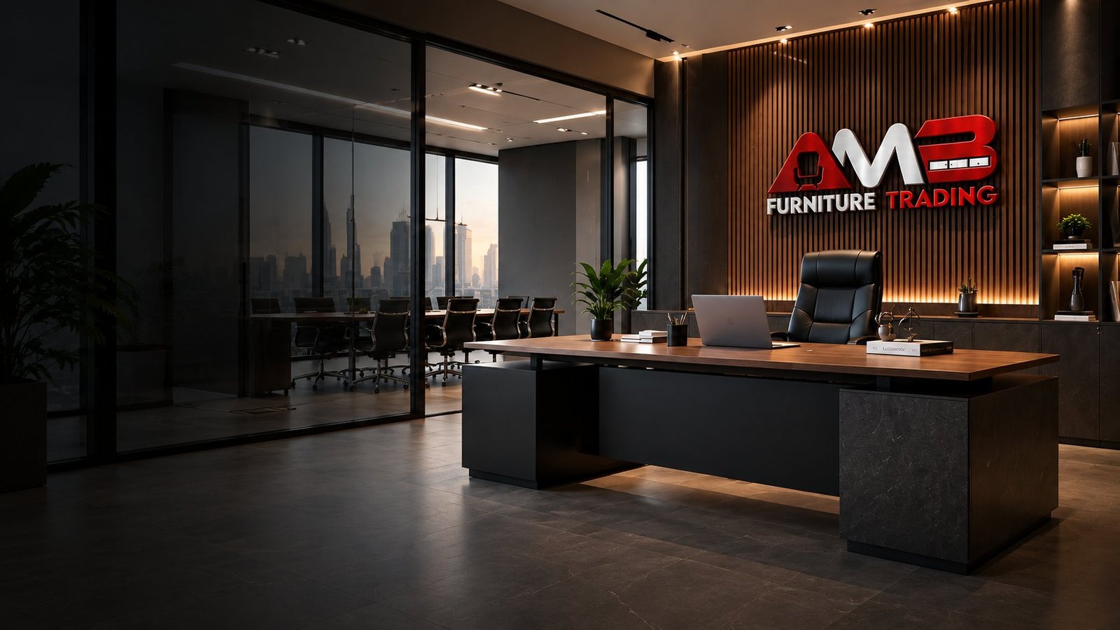 Executive office design inspiration with a walnut desk and warm architectural lighting