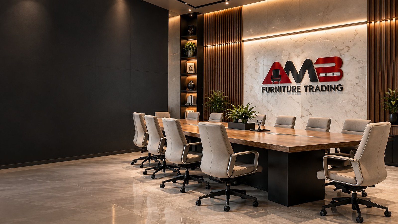 Conference room design inspiration with a walnut table and warm architectural lighting